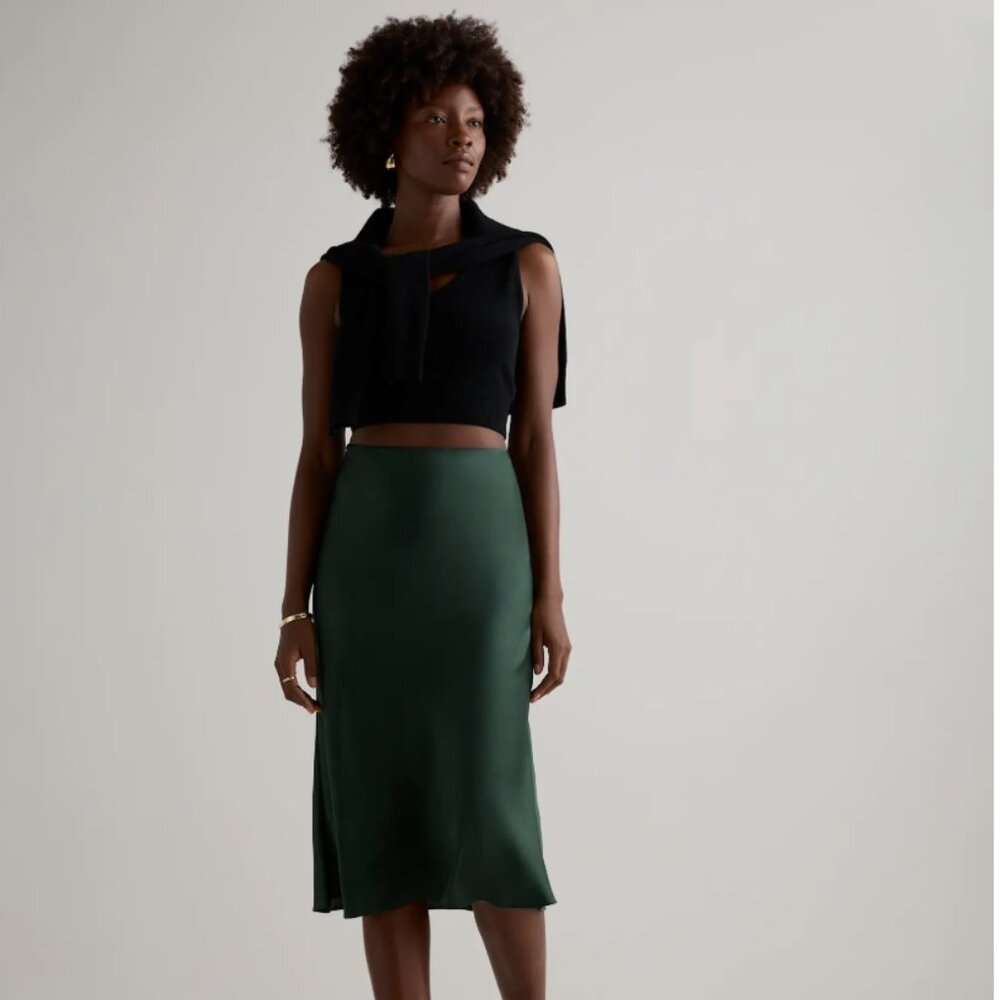 Quince Forest Green 100% Silk Midi Skirt, medium